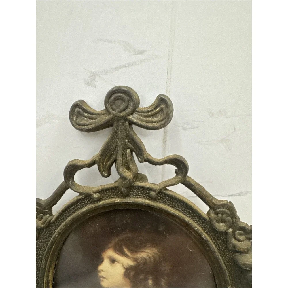 3 Trio VTG Ornate Metal Frames Victorian Young Girl Praying/Waving 6.5” Italy